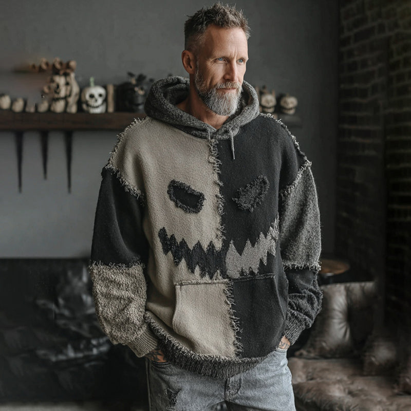 Men's Halloween Spooky Face Colorblock Stitched Hooded Cozy Knit Sweater elevenforest
