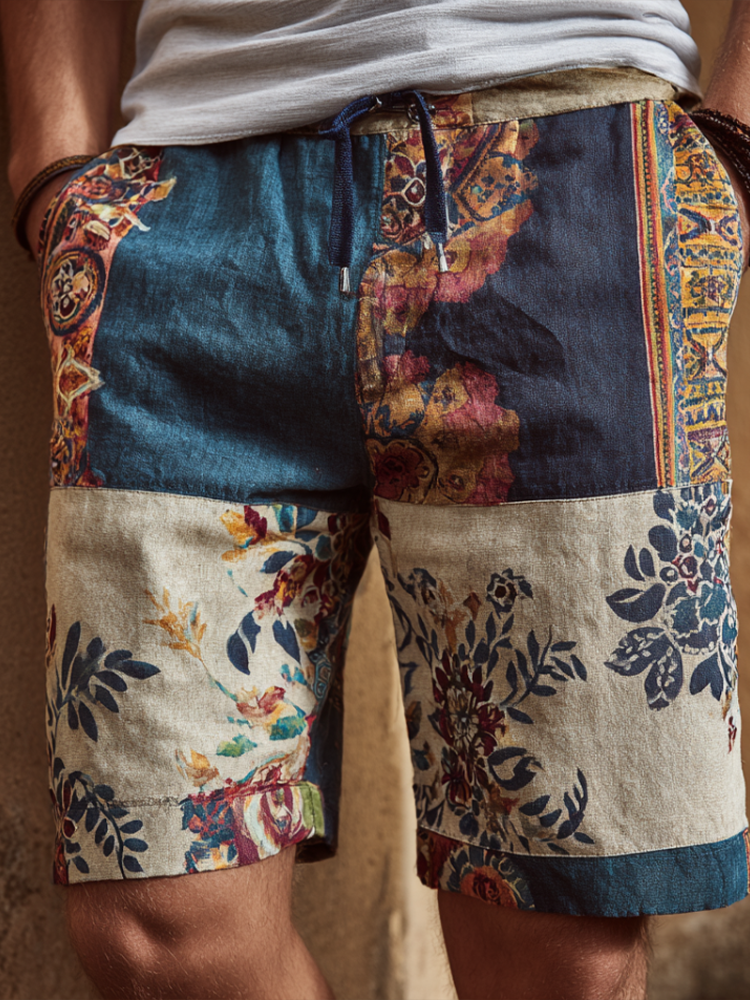 Western Bohemian Style Plant And Flower Pattern Retro Cotton And Linen Loose Men's Shorts elevenforest