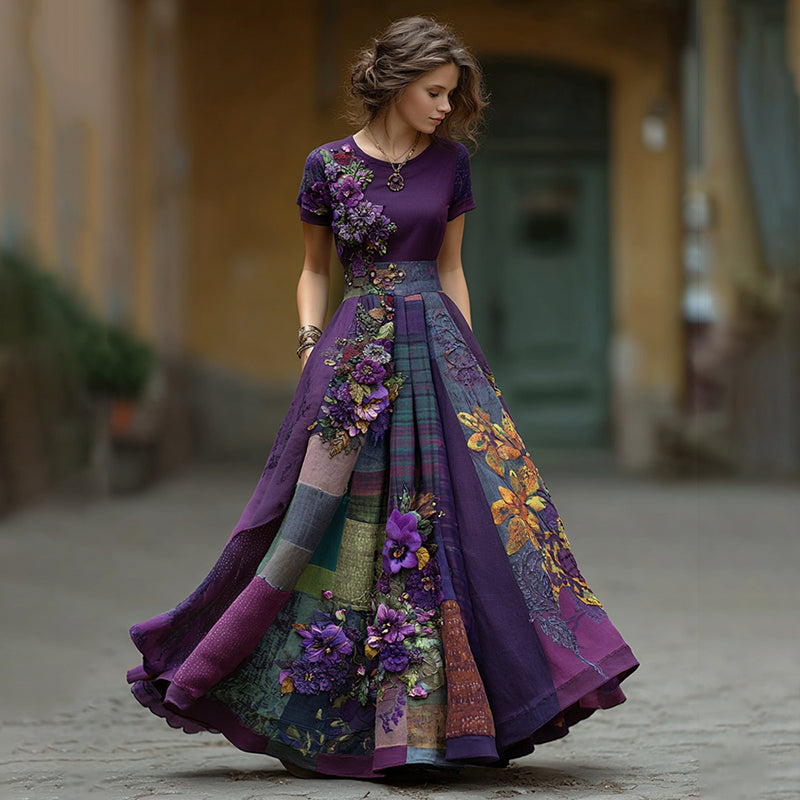 Women's Vintage Embroidered Pansy Floral Patchwork Plaid Short Sleeve Maxi Dress elevenforest
