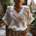 Ladies' Knitted Flower-embroidered Vintage V-neck Top elevenforest