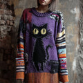 Halloween Black Cat Embroidered Patchwork Long Knitted Sweater elevenforest