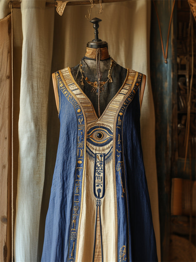 Eye Of Horus Ancient Egyptian Embroidered Flowy Linen Dress elevenforest