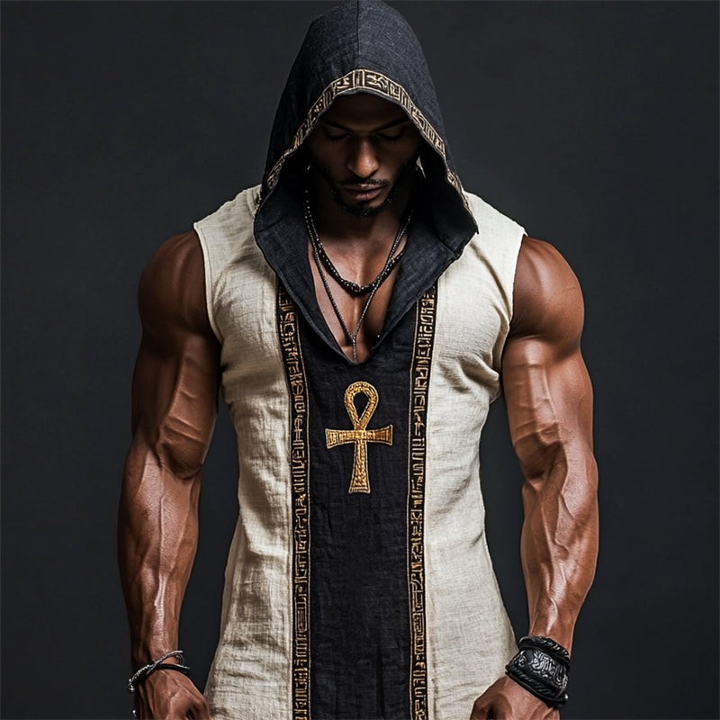 Men's Ankh Ancient Egyptian Embroidered Hooded Linen Tank elevenforest