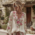 Women's Vintage Roses Print V-neck Linen Blend T-shirt elevenforest