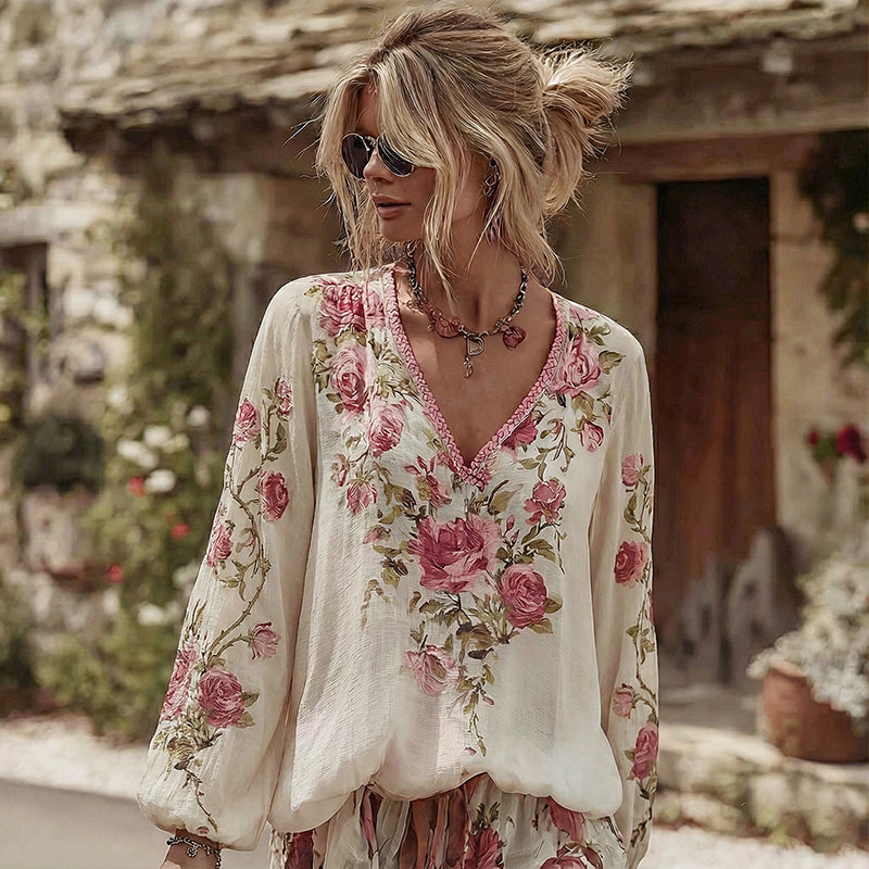 Women's Vintage Roses Print V-neck Linen Blend T-shirt elevenforest