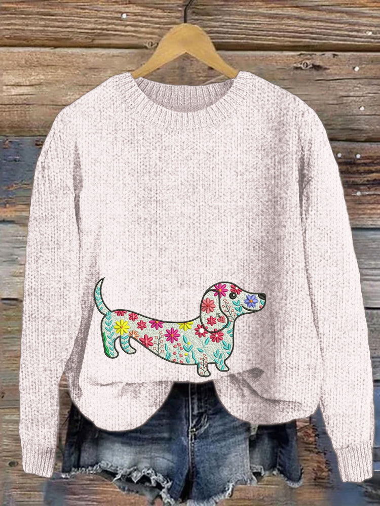 Comstylish Floral & Dachshund Embroidered Women's Cozy Sweater