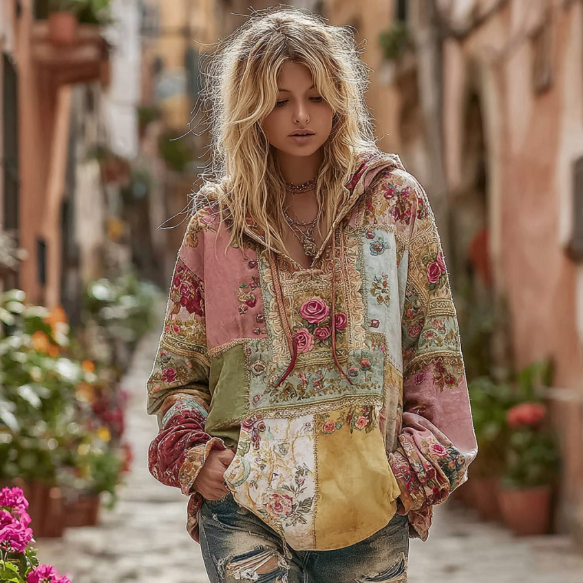 Women's Bohemian Floral And Rose Patchwork Cozy Warm Hoodie elevenforest