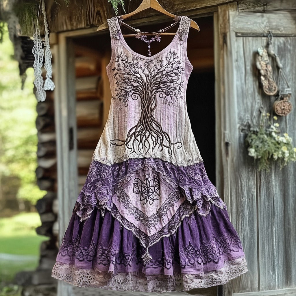 Vintage Life Of Tree Tribal Lace Patchwork Art Comfy Tank Dress elevenforest