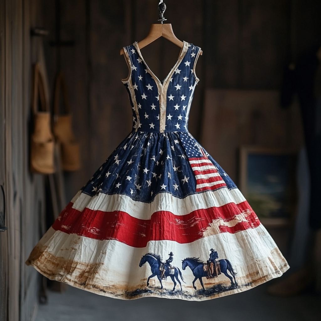 Women's Vintage Independence Day Flag And Horse Sleeveless Dress elevenforest