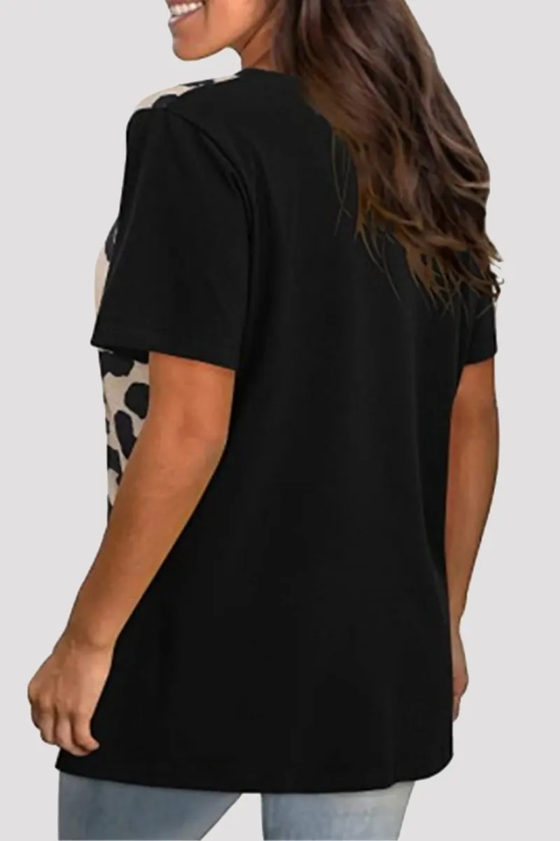 Patchwork Leopard Contrast O Neck T-shirts(4 Colors)