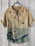 Cranes Over Sea Waves Japanese Art Linen Blend Shirt elevenforest