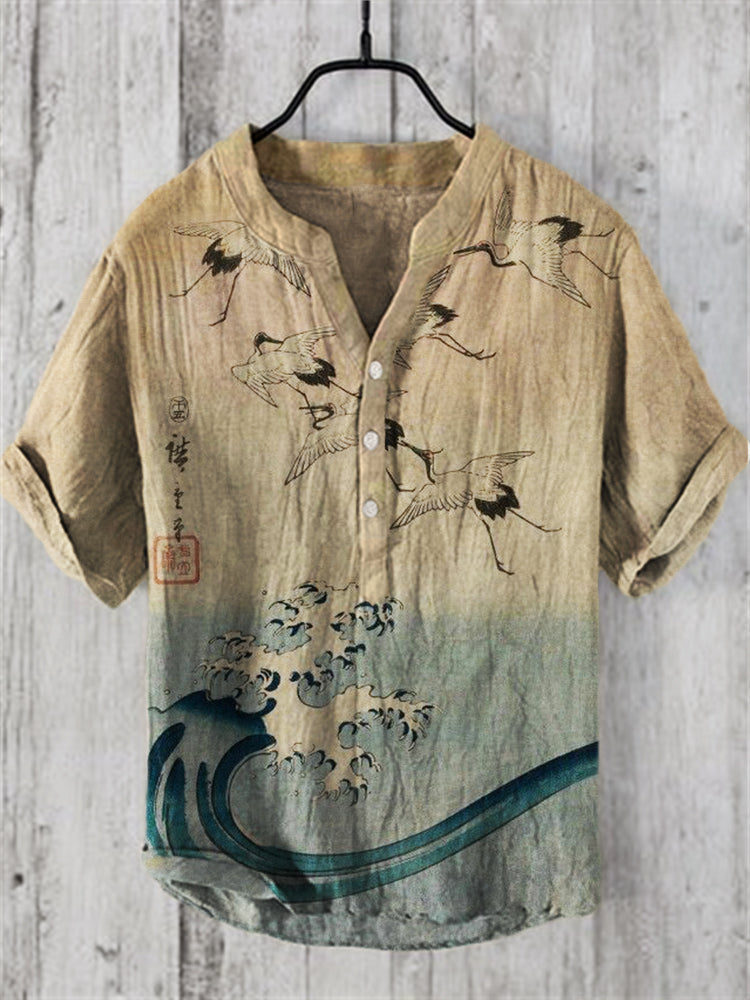Cranes Over Sea Waves Japanese Art Linen Blend Shirt elevenforest