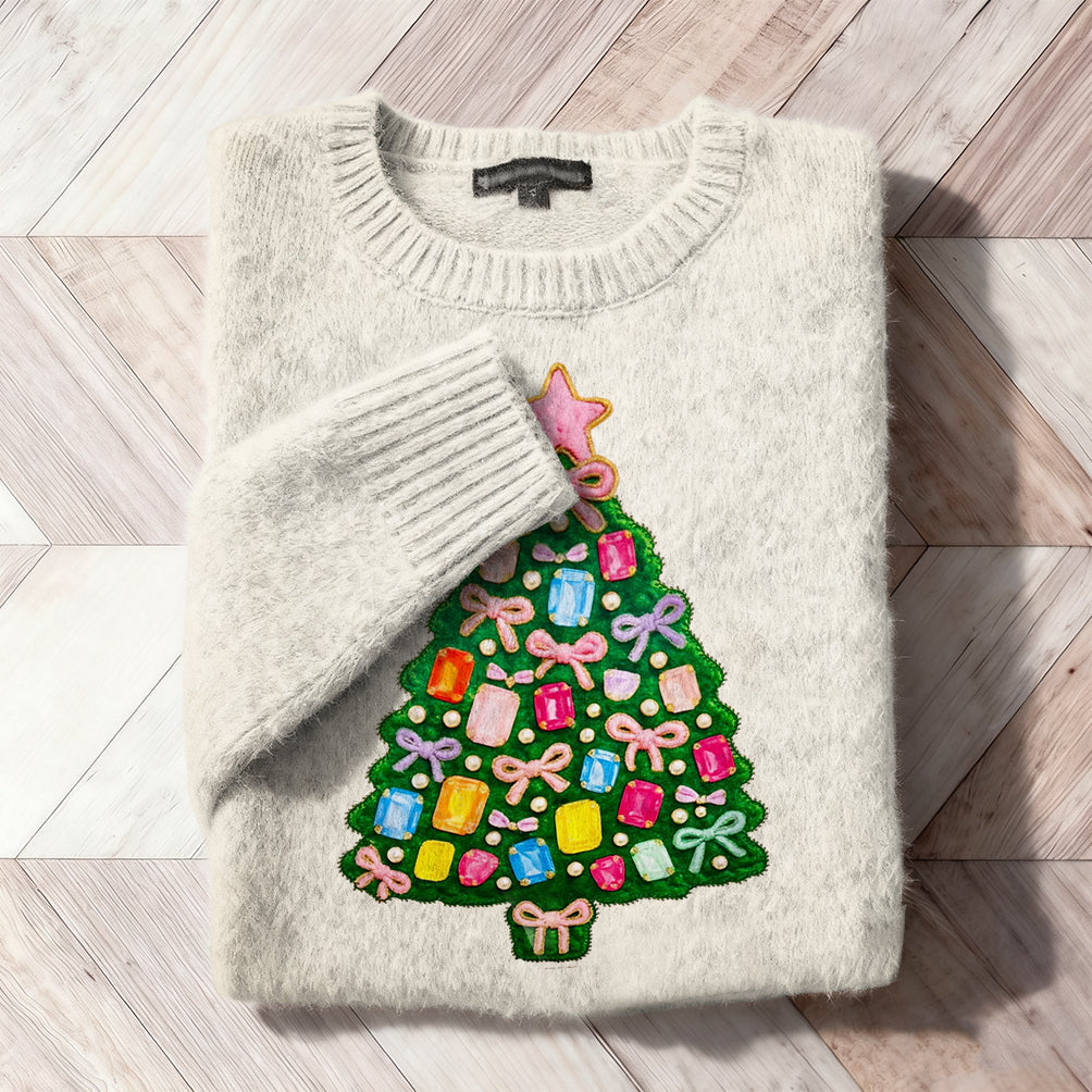 Christmas Rhinestone Tree Embroidered Cozy Knit Sweater artswardrobe
