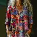 Comstylish Women's Bohemian Floral Patchwork Print Cotton And Linen Shirt