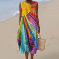 Comstylish Women's Retro Hippie Artistic Geometric Color Art Linen Tank Midi Dress