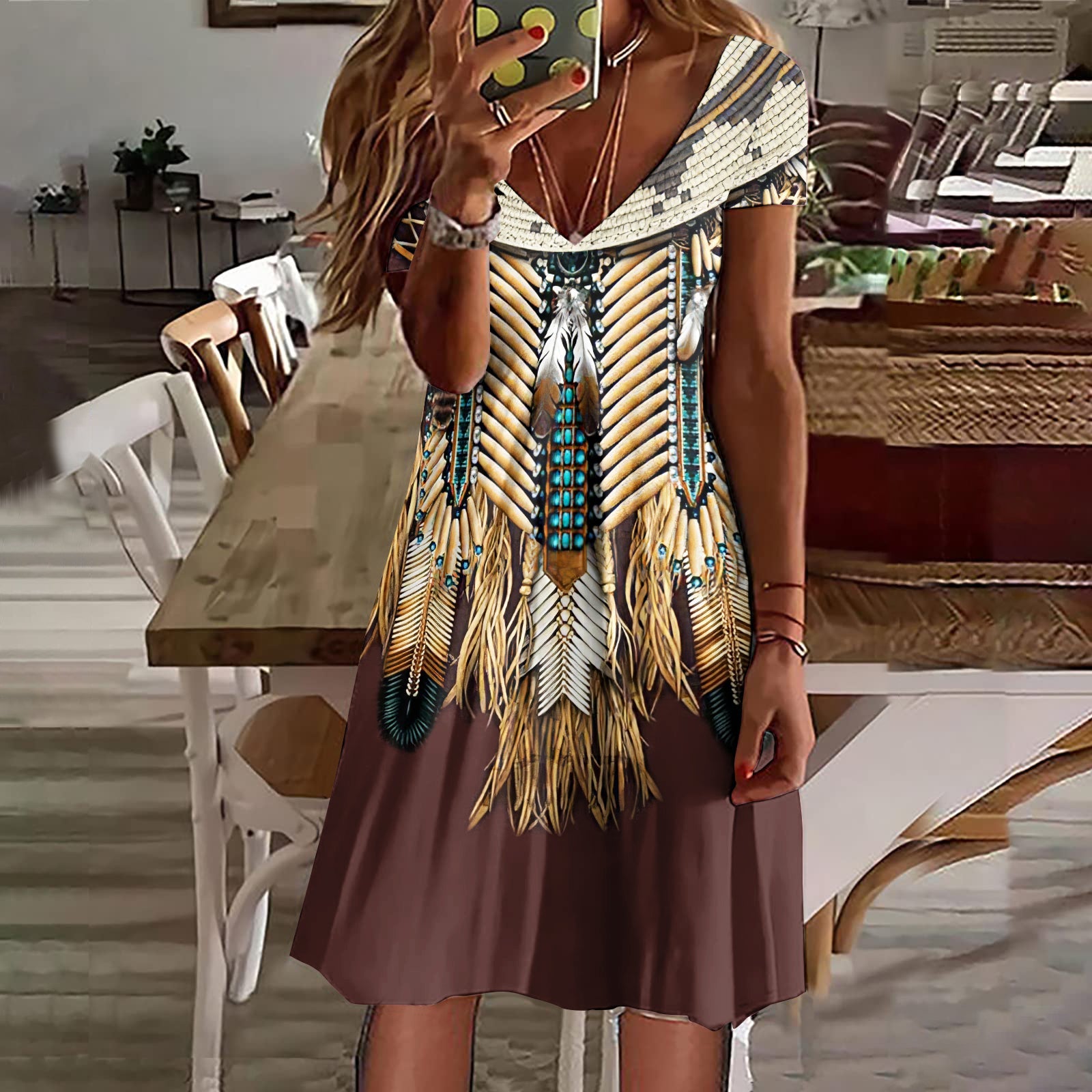 Retro Feather Casual Print Midi Dress elevenforest