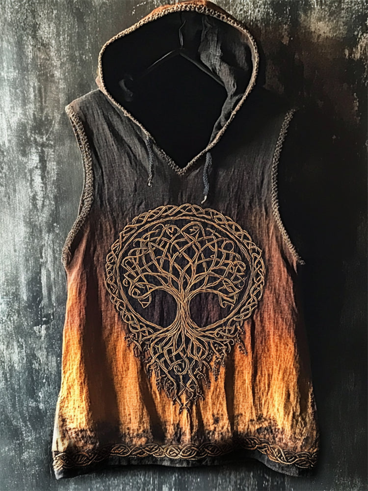 Men's Celtic Tree Of Life Gradient Dyed Hooded Linen Vest elevenforest