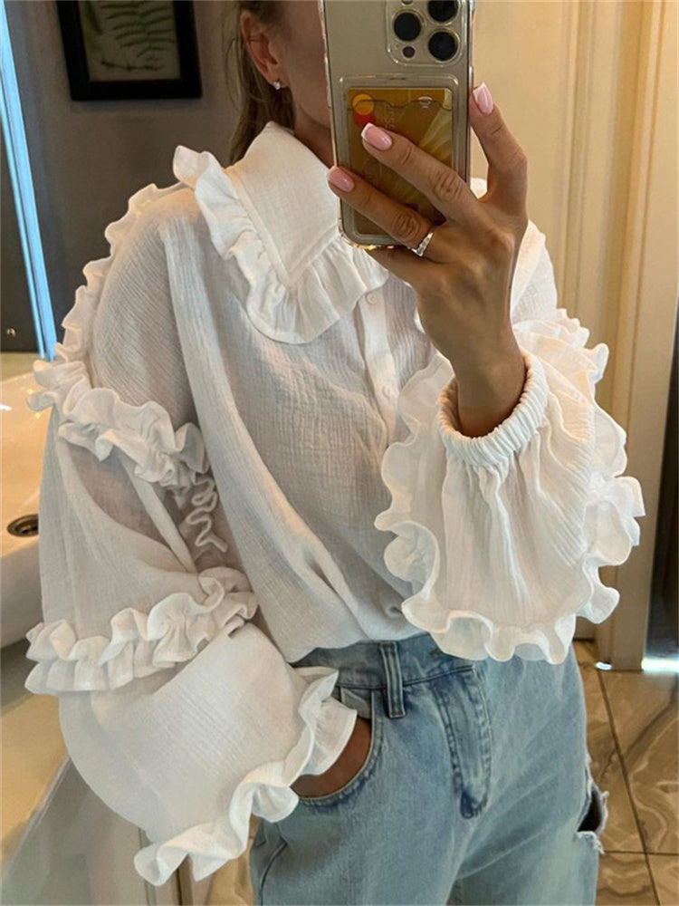 Tossy White Ruffled Shirts for Patchwork Cardigan Lapel Long Sleeve Outwear Slim Shirts New