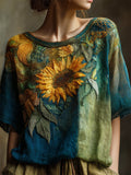 Oil Painting Sunflowers Embroidered Patchwork Linen Tunic elevenforest