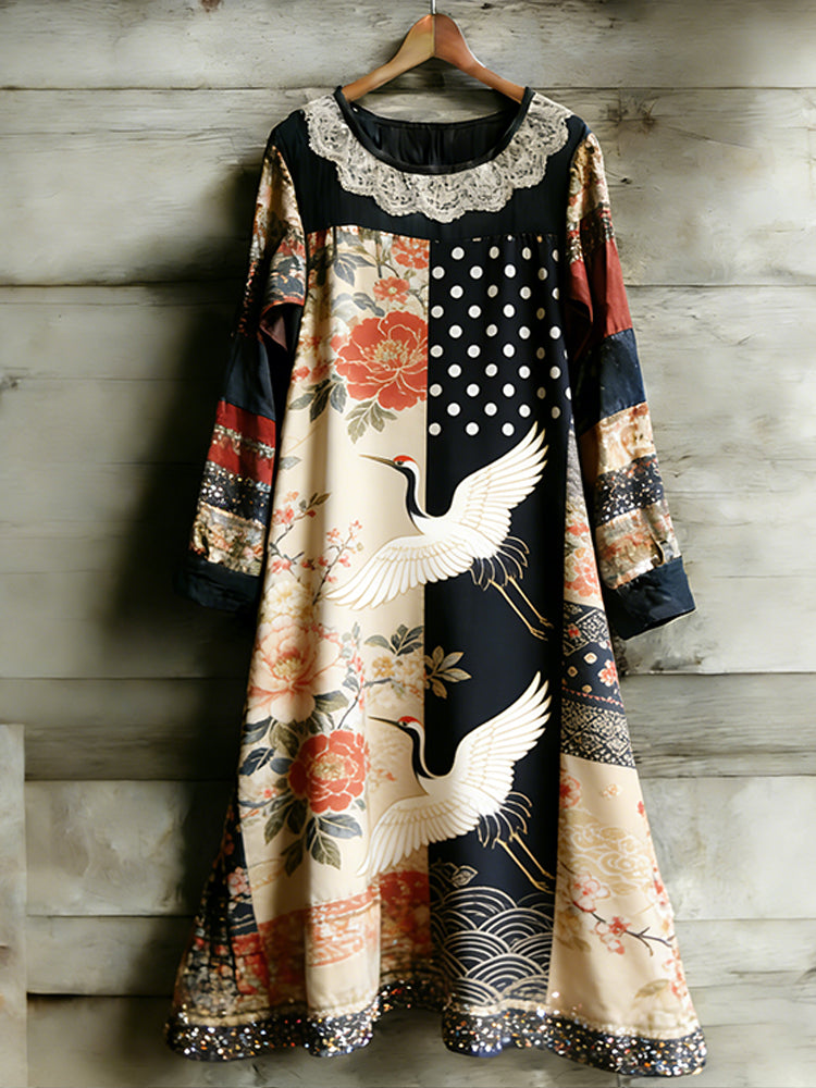 Women's Vintage Floral Flying Crane Lace Round Neck Dress elevenforest