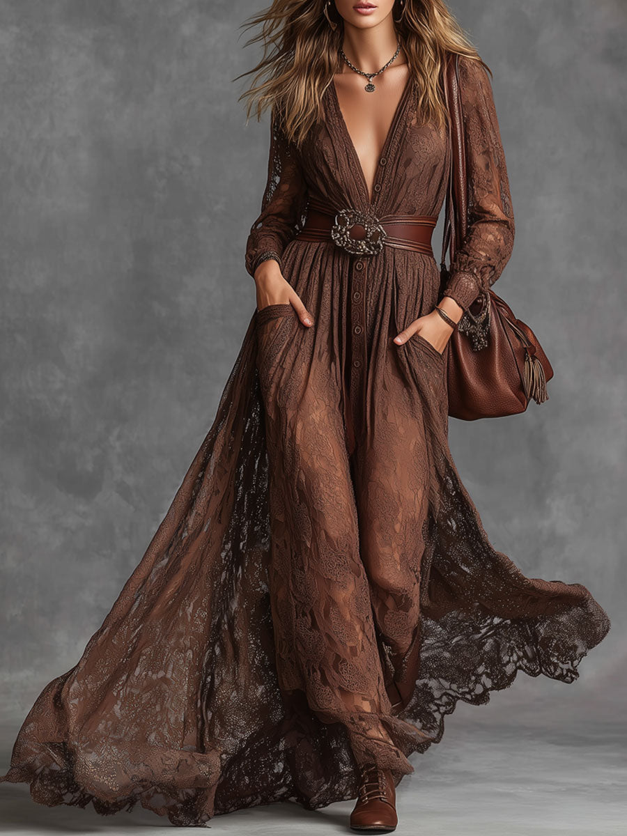 Fashion Retro V-neck Brown Lace Long Sleeve Maxi Dress