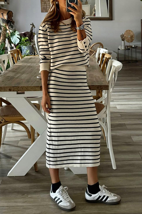 Kate® | Striped sweater, commuter midi skirt, high waist skirt suit