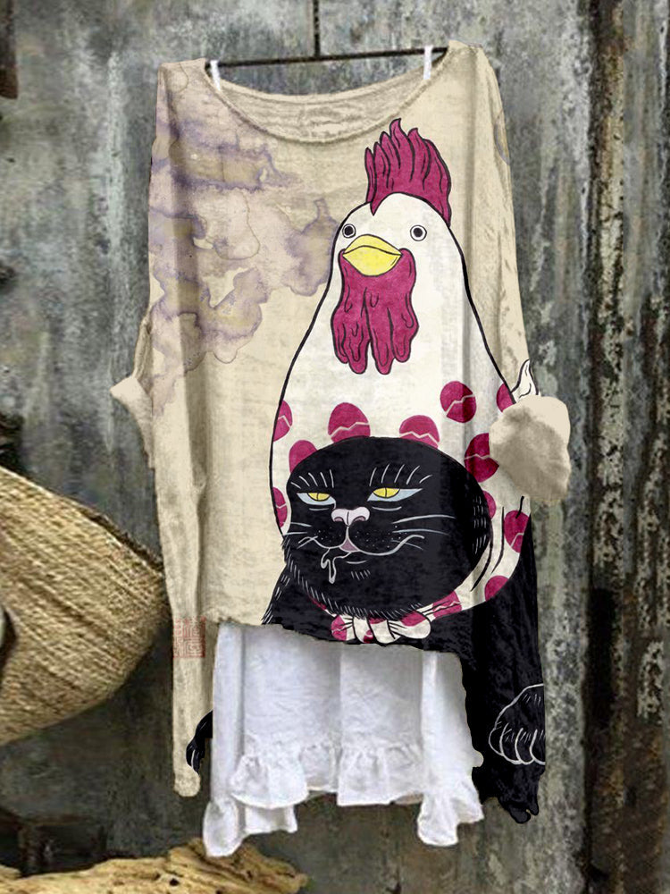 Comstylish Vintage Japanese Cat & Chicken Art Linen Tunic