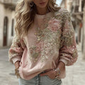 Women's Retro Pink Floral Art Cozy Crew Neck Sweatshirt elevenforest