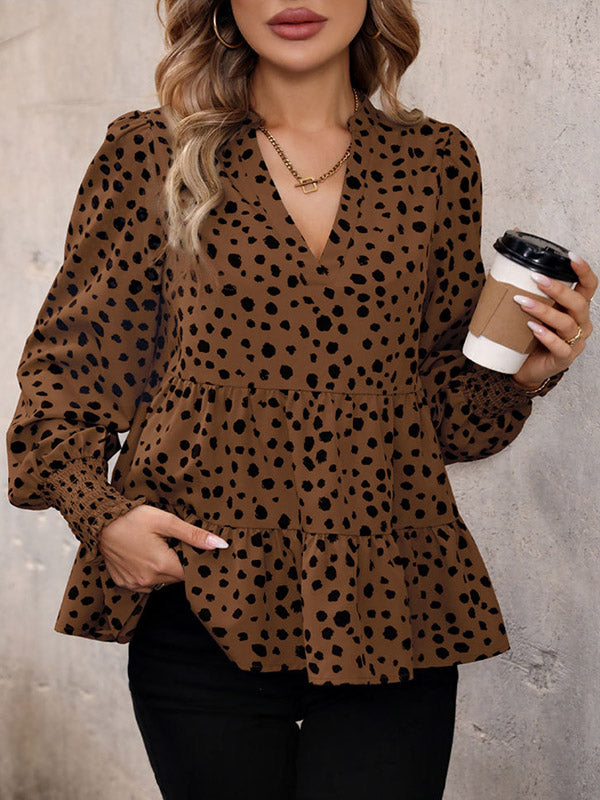 Long Sleeves Loose Elasticity Polka-dot Split-joint V-neck Blouses&shirts Tops
