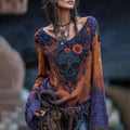 Rose Skull Rhinestone Contrast V Neck T-shirt elevenforest