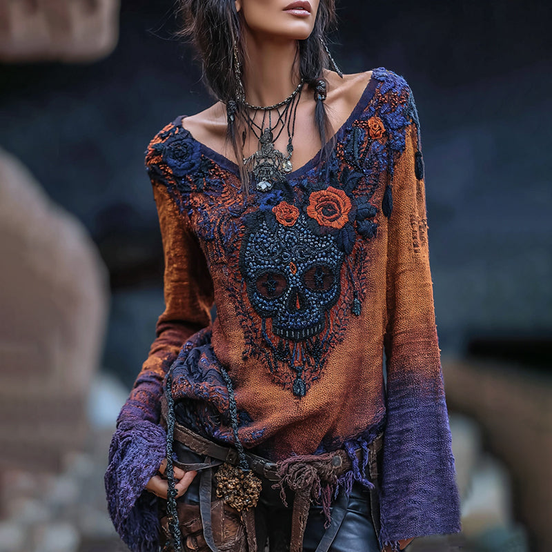 Rose Skull Rhinestone Contrast V Neck T-shirt elevenforest