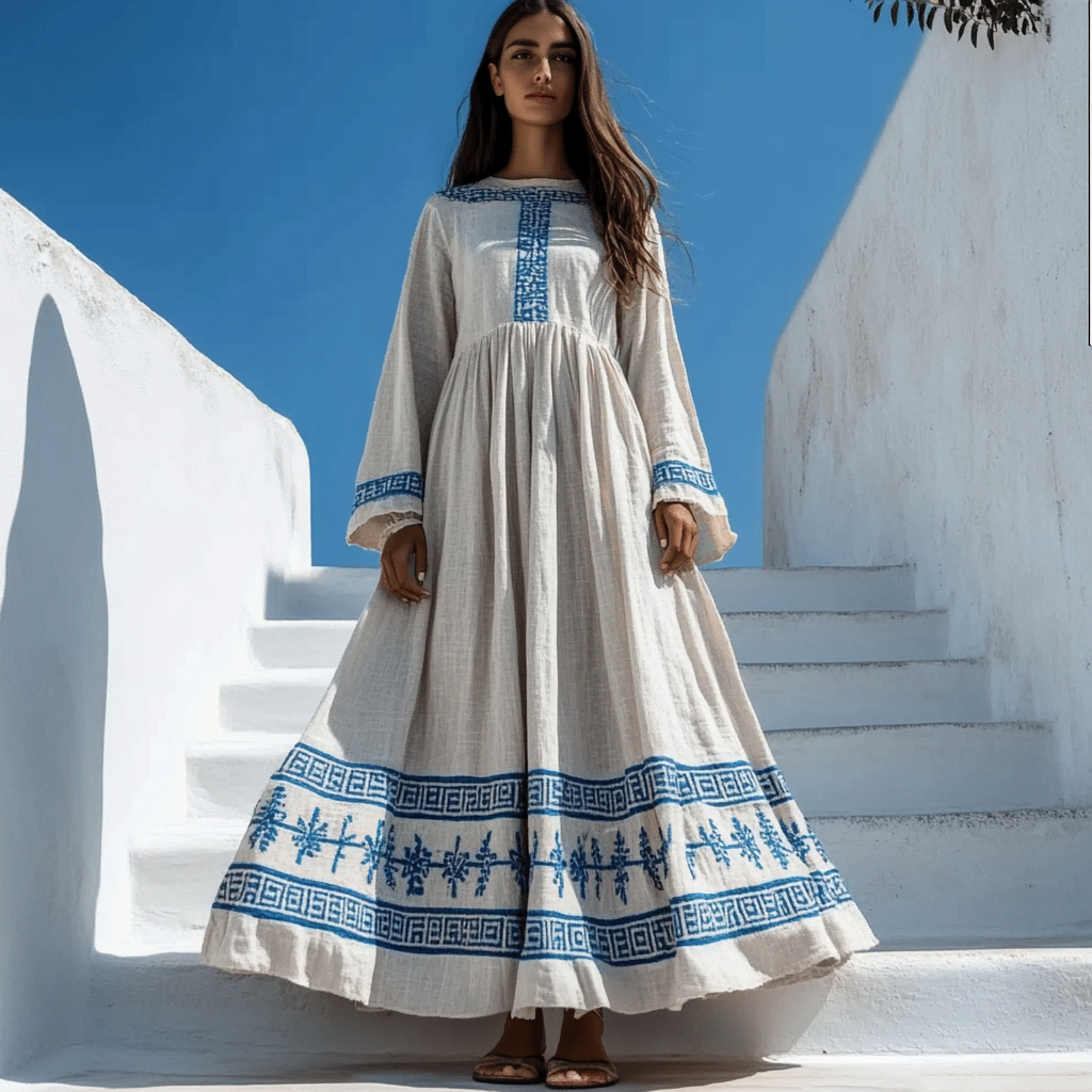 Vintage Classic Greek Key Round Neck Linen Blend Maxi Dress elevenforest