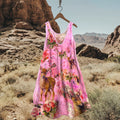 Abstract Creative Retro Chic Floral Elk Pink Art Linen Blend Tank Dress elevenforest