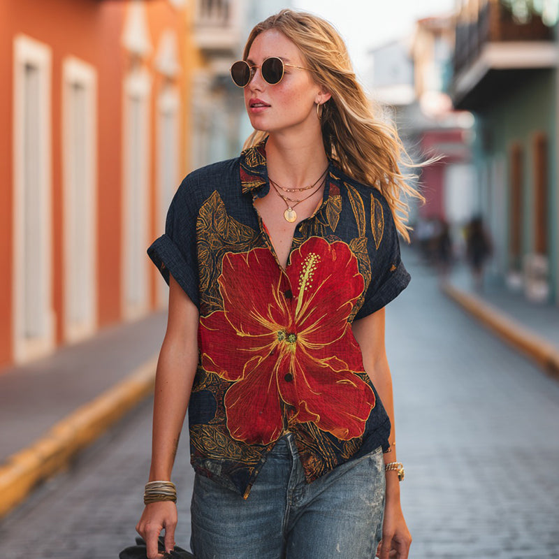 Women's Retro Hibiscus Casual Linen Blend Shirt elevenforest
