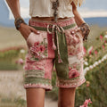 Women's Patchwork Rose Floral Contrast Waist Drawstring Pocket Shorts elevenforest