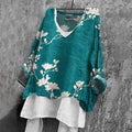 Comstylish Women's Japanese Floral Art V-neck Linen Blend T-shirt