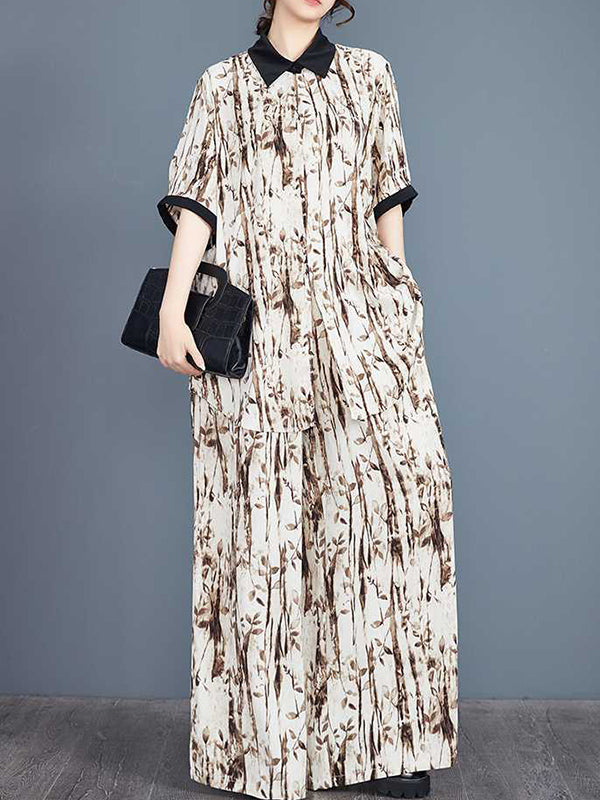 Half Sleeves High-low Buttoned Pleated Printed Split-side Lapel Blouses Top + Elasticity Pants Bottom Two Pieces Set