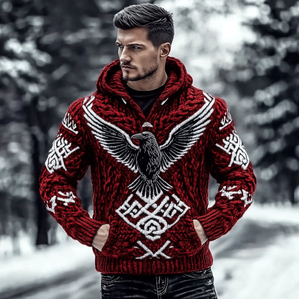 Men's Viking Raven And Rune Knitted Warm Hooded Sweater elevenforest