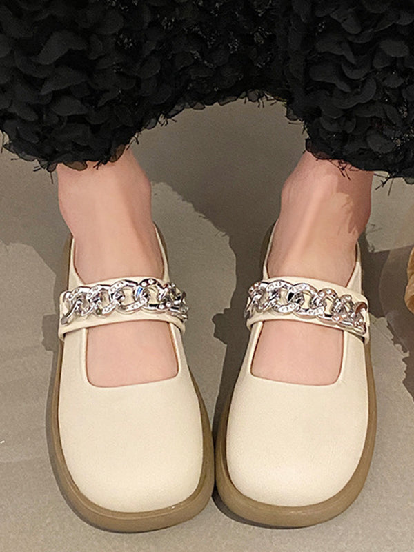 Chains Round-toe Shallow Cut Split-joint Mary Janes Slippers