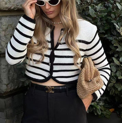 Autumn Winter Round Neck Striped Buckle Arc Sweater Cardigan Coat