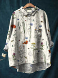 Women's Vintage Lovely Floral Art Print Casual Cotton And Linen Shirt