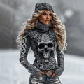 Women's Halloween Rose And Skull Inspired Chunky Knit Turtleneck Sweater elevenforest