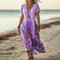 Women's Gradient Folk Flower Art Print V Neck Pocket Cotton Dress