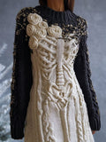 Vintage Skeleton Roses Contrast Color Cozy Sweater Dress elevenforest