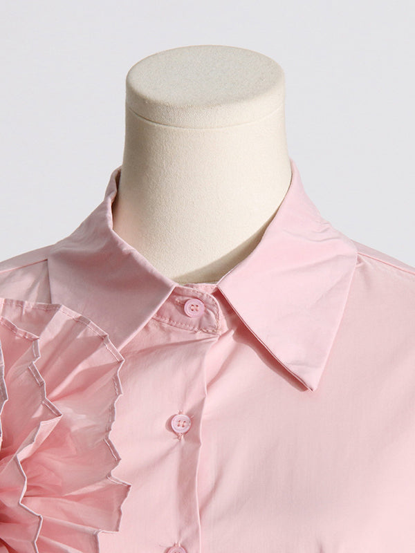 Long Sleeves Loose Asymmetric Buttoned Pleated Color Split-joint Three-dimensional Flower Lapel Blouses&shirts Tops