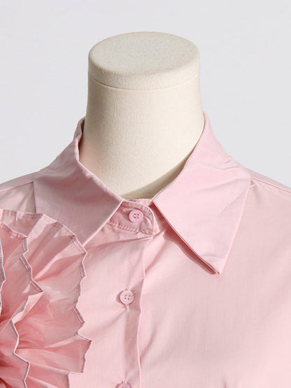Long Sleeves Loose Asymmetric Buttoned Pleated Color Split-joint Three-dimensional Flower Lapel Blouses&shirts Tops