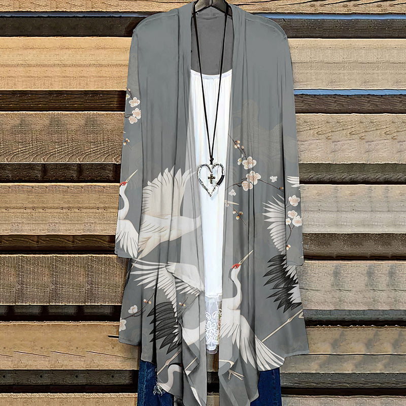 Crane Print Long Sleeve Casual Cardigan elevenforest