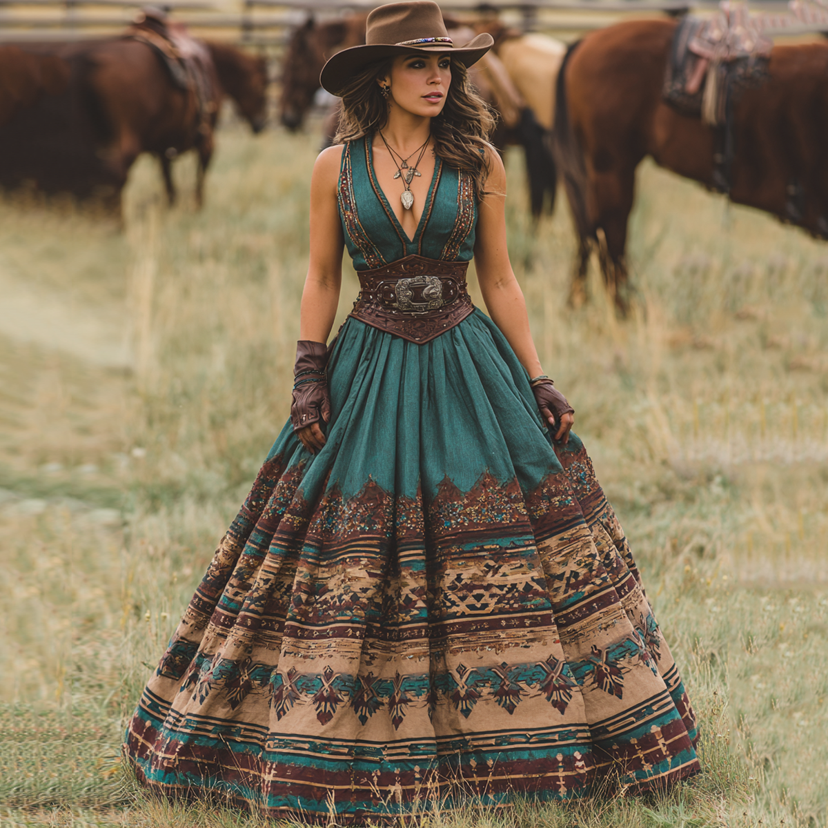 Women's Vintage Western Geometric Print V-neck Sleeveless Maxi Dress elevenforest