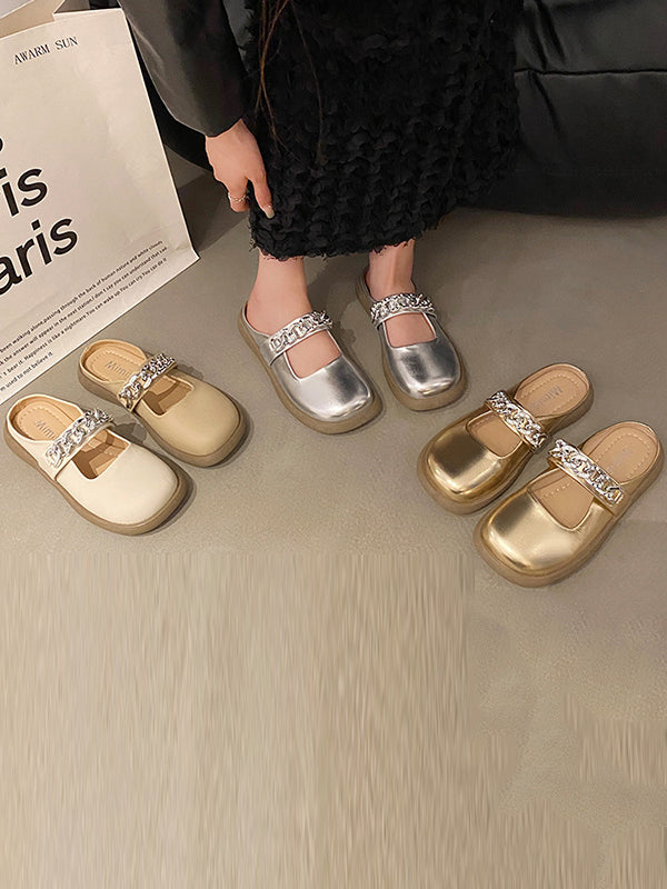 Chains Round-toe Shallow Cut Split-joint Mary Janes Slippers