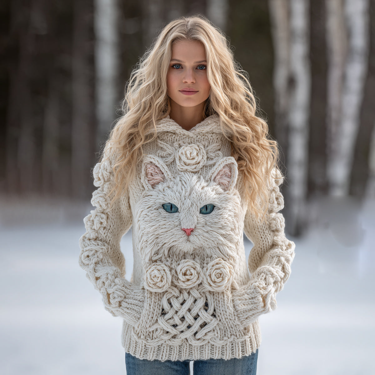 Women's Vintage Cat And Roses Art Knitted Warm Cazy Hooded Sweater elevenforest